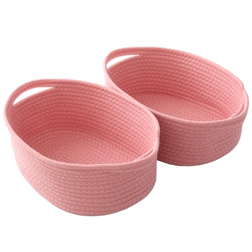 JMvicyroam Woven Basket,Small Rope Storage Bin with Handles & Ribbon Bag, Organizer for Shelves Closets,Gift Basket Empty for Birthday,Books,Dog Toys, Pink/2 Pack - color: Pink, size: 2 Pack