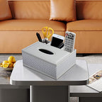 Tissue Box Cover Rectangle White Kleenex Box Holder PU Leather Facial Tissue Organizer,Multifunctional Remote Control Stationery Storage Box,Home Office Supplies Car Napkin Caddy - color: Multifunctional Tissue Box-white Weave