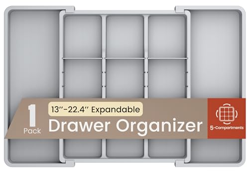 Gray Expandable Utensil Drawer Organizer 1 Pack, Adjustable 13” to 22.4”, 5 Compartment Silverware Organizer for Kitchen Utensils, Spatulas, Cutlery, and Tools, Easy to Clean, Durable, and BPA-Free - color: Gray, size: 5 Comp'ts (Pack of 1)