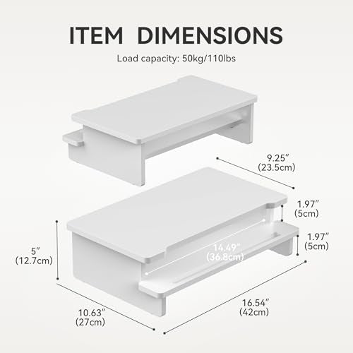 Computer Monitor Stand Riser, 16.5 Inch Wood Desk Shelf Storage Organizer with Phone Tablet Holder, White - color: White, size: 16.5 inch