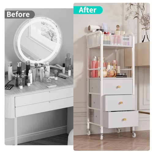 HapiRm Rolling Makeup Cart Organizer - Floor Skincare Make Up Storage with 3 Non-woven Fabric Drawers, Vanity Organizer Cosmetic Display Cases Holder for Skin Care Perfume Nail Polish Brush Hair Tool - color: White