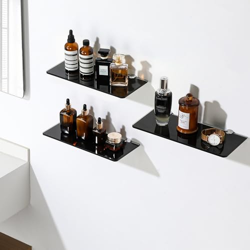 SAYAYO Glass Floating Shelves for Wall, Tempered Glass Shelves for Bathroom, Living Room, Bedroom, Office, Toilet, Kitchen Decor, 12Inch Set of 3, Black - color: Black, size: 3 PCS