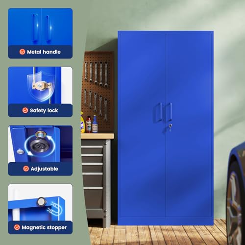 Yizosh Metal Garage Storage Cabinet with 2 Doors and 5 Adjustable Shelves - 71" Steel Lockable File Cabinet,Locking Tool Cabinets for Office,Home,Garage,Gym,School (Blue) - color: Blue, size: 71"H x 32"W x 16"D-A