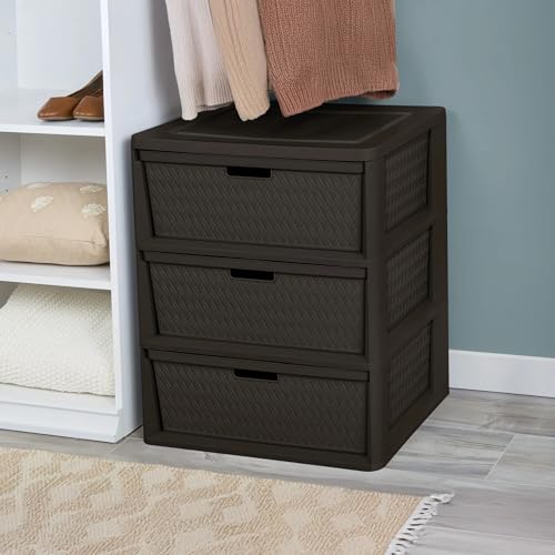 Brown Storage Drawer, 3 Drawer Plastic Weave Wide Tower with Pull Handles - color: Dark brown