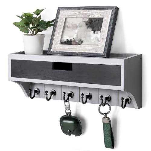 Rebee Vision Modern Pine Wood Key Holder Wall Mount with Drawer Organizer - Stylish Mail Organizer with 6 Key Hooks & Wall Shelf - Modern Apartment Essentials for Room Decor (Gray & Black) - color: Gray & Black, style: 1-Drawer