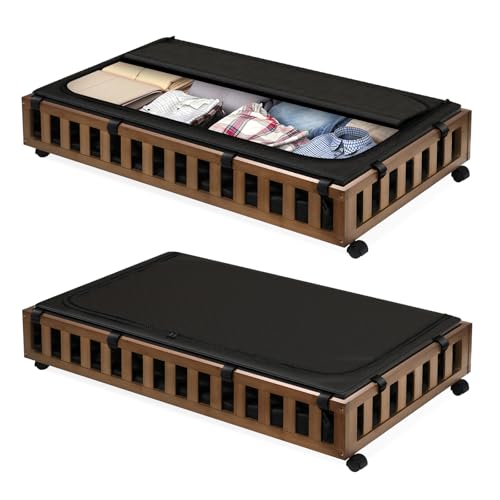 Gashell 2 Pack Bamboo Under Bed Storage with Wheels, 39”x20”x7.8” Lager Under Bed Storage Containers (Brown) - color: Brown