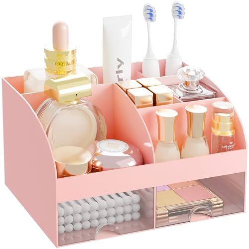Makeup Organizer with 2 Drawers, Cosmetic Storage for Dresser Vanity and Bathroom Countertop,Make up organization and Skincare Storage with Beauty Brush Holder, Cosmetic Display Case (Pink) - color: Pink