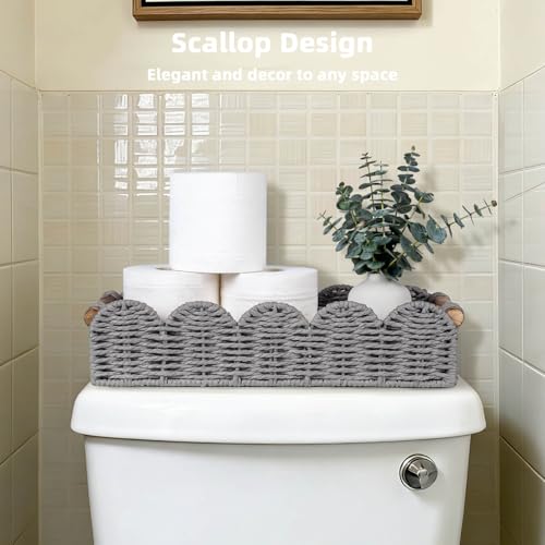 CubesLand Bathroom Basket Organizer w/Cut Out Handle, Back of Toilet Paper Storage Baskets Tray for Bathroom Countertop Decorative, Scalloped Wicker Basket Also for Home Decor, Living Room, Grey - color: Grey