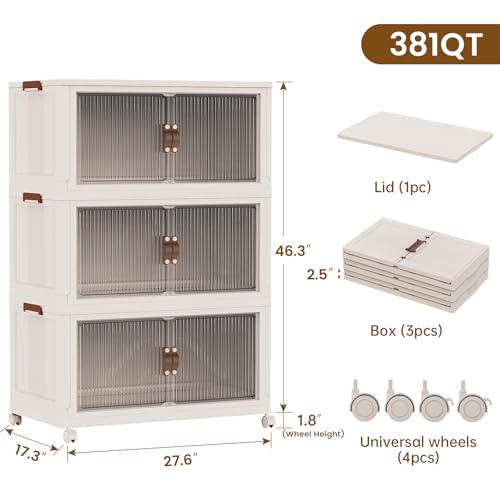 SAILUN 95Gal/381Qt Extra Large Stackable Storage Bins Folding Collapsible Storage Bins with a Lid, Closet Organizers and Storage Blush White 28" W x 1 - color: Blush White, size: 1 Lid 3 Pack-28" W x 17" D x 46" H