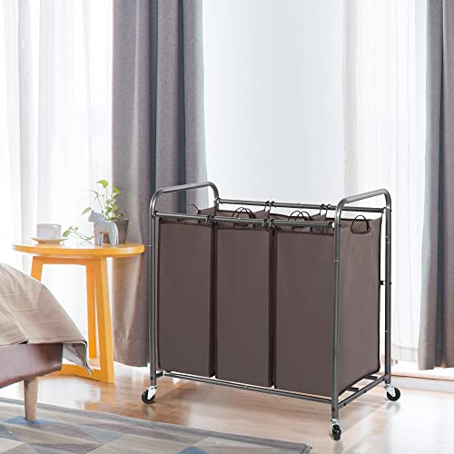 STO STO Laundry Sorter 3 Section, 3 Bag Clothes Hamper, Rolling Laundry Cart Basket with Heavy Duty Lockable Wheels and Removable Bag for Laundry Room, Bedroom, Closet, Brown - color: Brown, size: 3-Section