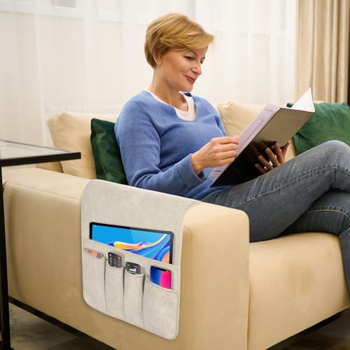 Couch Organizer Remote Control Holder Armchair Caddy, Anti Slip Corduroy Tv Remote Holder Couch Caddy with 5 Pockets for Storage Couch Accessories Bedside Organizer Senior Citizen Gifts - color: Beige