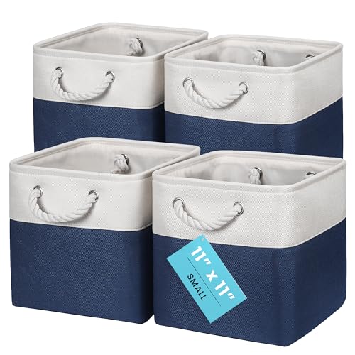 OrganiHaus 11x11 Cube Storage Bins 4 Pack, Foldable Cube Storage Organizer w/ Rope Handles, Collapsible Fabric Bins for Toys, Clothes & Closet Organization, Fabric Square Baskets - Navy Blue - color: Navy Blue Base / Off-White, size: 4 pcs (11x11)