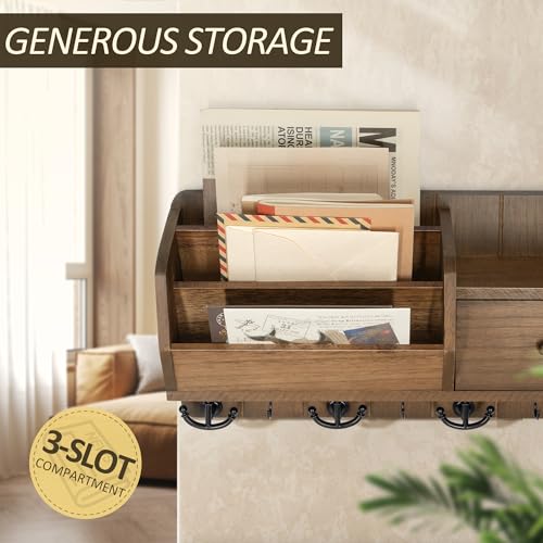 Rebee Vision Key and Mail Holder Wall Mount - Mail Organizer Wall Mount with Storage Hooks and Drawer for Modern Farmhouse Decor - Mail Organizer Wall Mounted for Rustic Apartment Essentials (Brown) - color: Brown