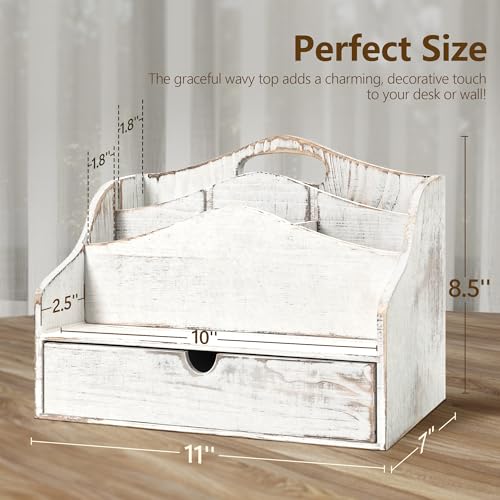 Pine Wooden Mail Organizer for Desk - Retro Farmhouse Mail Holder Countertop with Drawer & Dividers - 4-Slot Letter Holder for File & Office Accessories - Office Organizer for Home Decor (Whitewash) - color: A-Whitewash