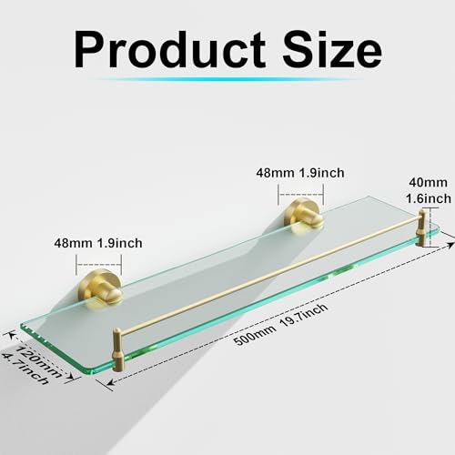 20 Inches Glass Shelves for Bathroom, Brushed Gold Floating Glass Shelf Stainless Steel Tempered Glass Bathroom Shelves for Wall Mount Modern - color: Brushed Gold, size: 20"with railing