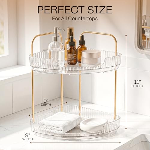 2-Tier Acrylic Corner Bathroom Organizer with Handle Round Skincare & Makeup Storage Tray, Waterproof, Lightweight, Heat Resistant Vanity Shelf for Countertop, Kitchen, Bedroom, Dresser