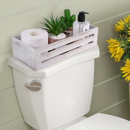 LotFancy Bathroom Decor Box, 2 Pack Wooden Toilet Paper Holder, White Toilet Storage Basket for Back of Toilet, Farmhouse Toilet Tank Topper - color: White (Hollowed-out)