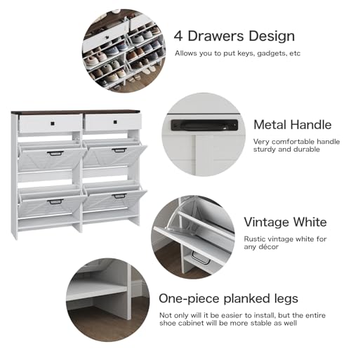 Halitaa Shoe Cabinet with 4 Flip Drawers & 2 Drawers,Farmhouse Shoe Storage Cabinet for Entryway,Slim Freestanding Organizer Rack for Front Door Entrance,White - color: White, style: 4-Drawers