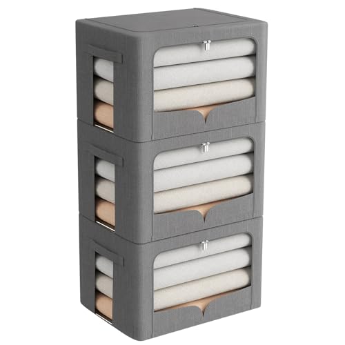 FHSQX 3 Pack Clothes Storage Bins Foldable Metal Frame Storage Box Stackable Linen Fabric Organizer Set with Carrying Handles and Clear Window (Dark Gray, 15.7x11.8x11.8inch(36L)) - color: Dark Gray, size: 15.7x11.8x11.8inch(36L)
