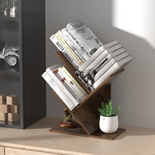 R RUISHENG 3 Tier Small Tree Bookshelf Desk Book Organizer Narrow Bookcases for Books Magazines CDs Free Standing Retro Wooden Storage Shelves for Home Office Bedroom Living Room Rustic Brown - color: Rustic Brown