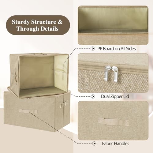 ANMINY 2PCS Storage Bins with Zipper Lids 36 Qt Lidded Fabric Storage Boxes Baskets Cubes with Handles Collapsible Washable Cotton Linen Closet Shelf Clothes Organizer Containers - Beige, Large - color: Beige, size: Large (Pack of 2)