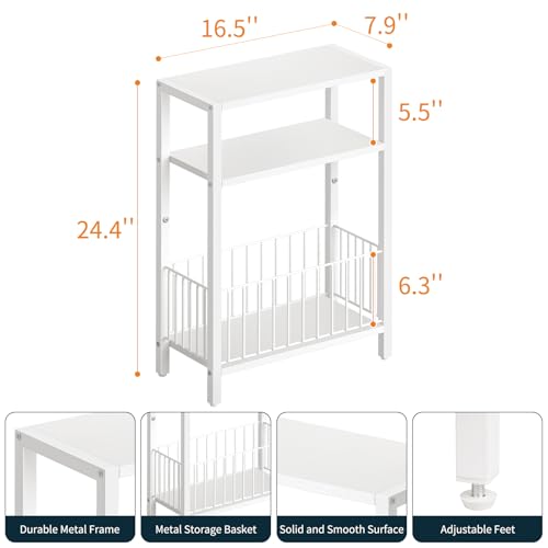 Yoobure Narrow Side Table with Storage Basket, Small End Table for Small Spaces, Skinny Side Tables Living Room Bedroom Office, Slim Nightstand 3 Tier Bedside Table Space-Saving for Magazine, White - color: White