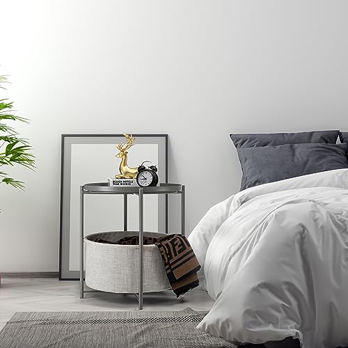danpinera Round Side Table with Fabric Storage Basket, Metal Side Table Small Bedside Table Nightstand with Removable Tray Top for Living Room, Bedroom, Nursery, Laundry, Gray - color: Grey