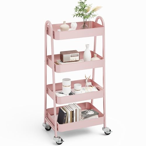 NEWBULIG 4-Shelf Rolling Utility Cart with Locking Wheels, Slim Metal Mobile Storage Organizer Shelf for Small Spaces, Bathroom, Living Room, Pink - color: Pink, size: 4-Tiers