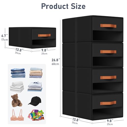 DIMJ Closet Organizers and Storage - Fabric Bins with Drawers for Closet Foldable Clothes Organizers with Clear Window, Stackable Storage Drawers Units for Bedroom, Living Room, Medium 6-Pack, Black - color: Black, size: Medium - 6 Pack