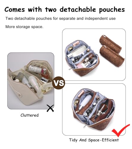 BOYATU Travel Makeup Bags Cosmetic Organizer Bag: 3 Pcs Set Large Capacity Floral Make up Bag with Compartments - Waterproof Leather Toiletry Bags with Handle for Women (19-Brown) - color: 19-Brown