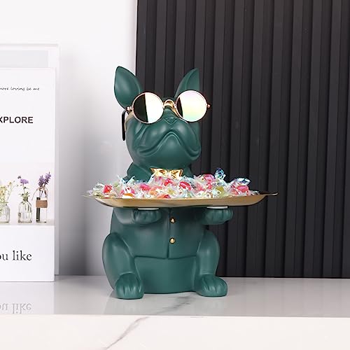 Modern Decor Resin Bulldog Tray Statue Tray Storage Key Holder Candy Jewelry Earrings Tray Suitable for Home Decor Modern Art Dining Table Decor Office Small Object Tray (Green) - color: Green