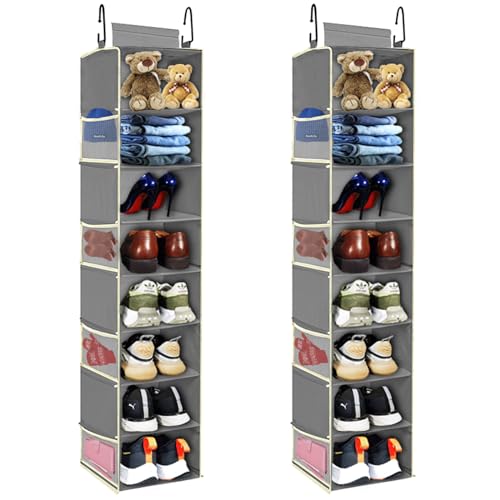 2 Pack Large-Sized Hanging Shoe Organizer 8-Shelf, Hanging Closet Organizer with 8 Side Pockets, Wider Hanging Shelves for Storage Shoes Clothes 9" W × 11.8" D× 48" H, Grey. - color: Grey - 2 Pack, size: 2 pack