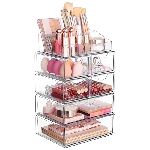 Vtopmart 5 Tier Clear Makeup Organizer with Drawer, Cosmetic Storage for Dresser Countertop and Bathroom Vanity, Beauty Holder for Lipstick Brush Skincare - style: 5 Tier (2 Sizes Drawer)