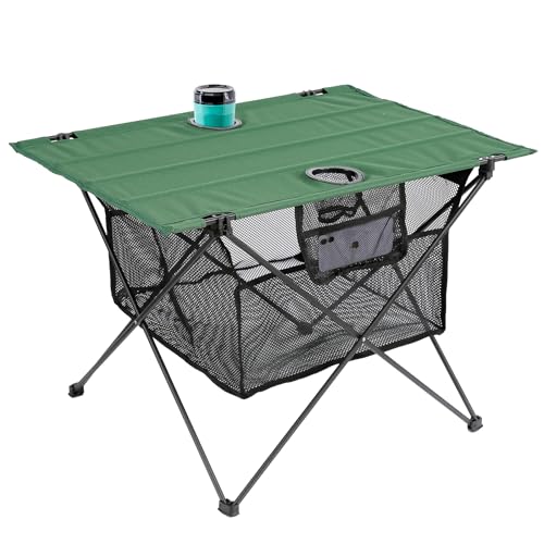 Lightweight Camping Table - Portable Folding Beach Side Table w/2 Cup Holders & Large Storage Basket, Compact Fold for Tailgate Travel Outdoor Fishing Picnic | 29.2" W x 21.7" D (Green) - color: C: Green