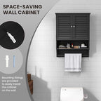Tangkula Wall Mounted Bathroom Cabinet with Open Shelf & Bar, Medicine Cabinet with Double Louvered Doors, Wall Storage Cabinet with Adjustable Shelf, for Bathroom Living Room Kitchen (Black) - color: Black