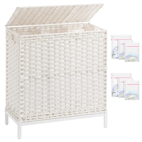 SETVSON Laundry Hamper with Lid 132 L, (35 Gallons) Clothes Hamper with Lid, Handwoven Rattan Laundry Hamper with Metal Heightened Feet, Laundry Hampers with 3 Removable Liner Bags for Laundry-White - color: Cloud White, size: 132 L - 35 gal