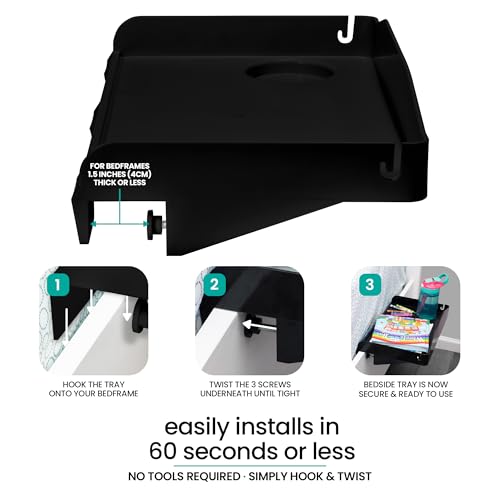 Modern Innovations 2 Count Bedside Organizer for Bed – Clip On Tray with Cup & Cord Holder – for College Dorm, Top Bunk, or Kids Bedroom (Black) - color: Black