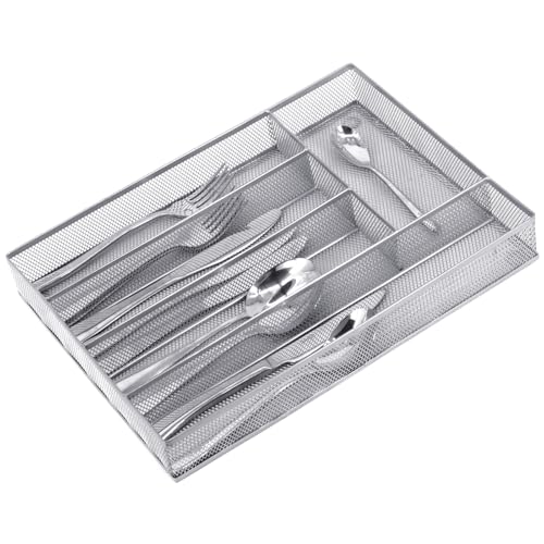 Neudeco Silverware Drawer Organizer - 5 Compartment Cutlery Tray with Non-Slip Feet, Mesh Wire Flatware Storage Divider for Kitchen, Bedroom, Living Room (Silver) - color: Silver
