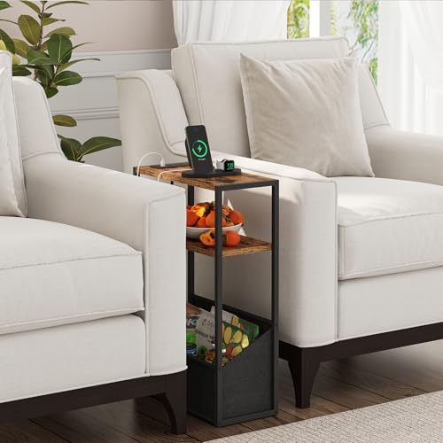 TUTOTAK Narrow Side Table, Small End Table with Charging Station, Nightstand with Fabric Basket, Bedside Table for Small Space, Livingroom, Bedroom Brown TB01BB095 - color: Brown