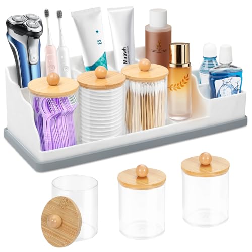 Bathroom Counter Organizer, Large White Silicone Toothbrush Holders for Bathrooms with 3PCS Qtip Holder, Bathroom Organizer Countertop Toothbrush and Toothpaste Holder for Makeup Organizer for Vanity - color: White Grey With 3pcs Dispenser