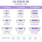 34pcs Glass Food Storage Containers with Lids Set, Airtight Glass Meal Prep Containers (17 Containers & 17 Lids), Leak Proof Lunch Container BPA-Free, Microwave, Oven, Freezer, Dishwasher Safe-Purple - color: PURPLE