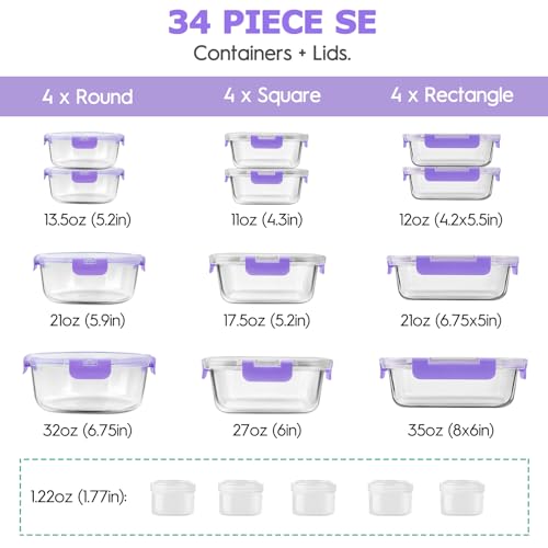 34pcs Glass Food Storage Containers with Lids Set, Airtight Glass Meal Prep Containers (17 Containers & 17 Lids), Leak Proof Lunch Container BPA-Free, Microwave, Oven, Freezer, Dishwasher Safe-Purple - color: PURPLE