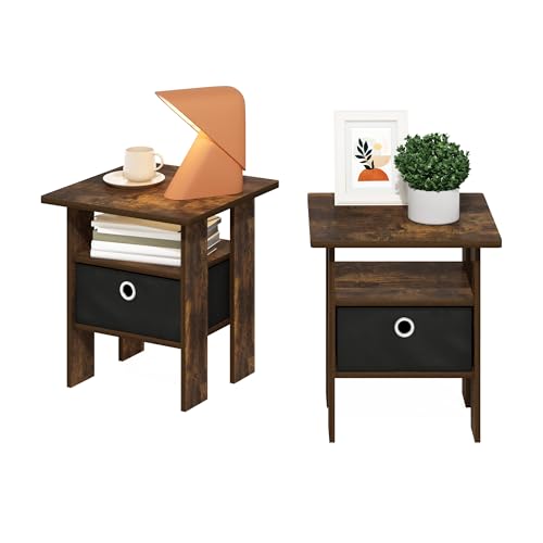 Furinno Andrey Side Table, Set of 2 End Table, Night Stand with Open Shelves and Storage Bin, Bedside Table, for Living Room, Bedroom, Amber Pine - color: Amber Pine/Black, size: 2-Pack, Center Bin
