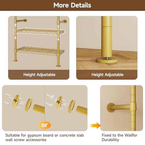 H6 Wall Mounted Closet System, Industrial Pipe Clothes Rack Clothing Racks with 6 Telescopic Rods & 3 Fixing Rods & 9 Shelves, Heavy Duty Closet Organizers and Storage in Wardrobe Closet (Gold) - color: Gold