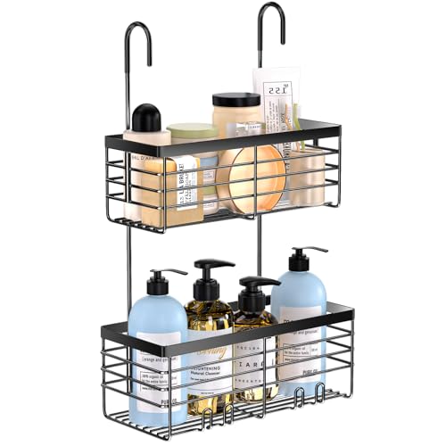 YUOROS Hanging Shower Caddy, 2 Tier Over the Door Shower Organizer Rack Organizer Stainless Steel Rustproof (Black) - color: Black, size: 2 Tier