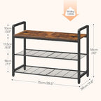 HOOBRO Shoe Rack Bench for Entryway, 3-Tier Industrial Shoe Storage Organizer with Wood Top and Side Handles, 29.5" Freestanding Storage Bench for Small Spaces, 220 lb Capacity, Rustic Brown BF32HX01