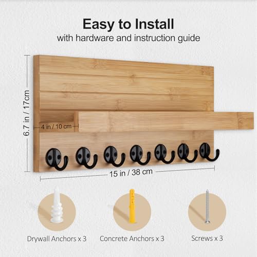 Lwenki Key Holder Wall Mount, Entryway Key and Mail Holder with 7 Sturdy Hooks for Sunglasses, Dog Leash, Decorative Wall Shelf with Mounting Hardware, 15”W x 6.7”H x 4.2”D - color: Bamboo