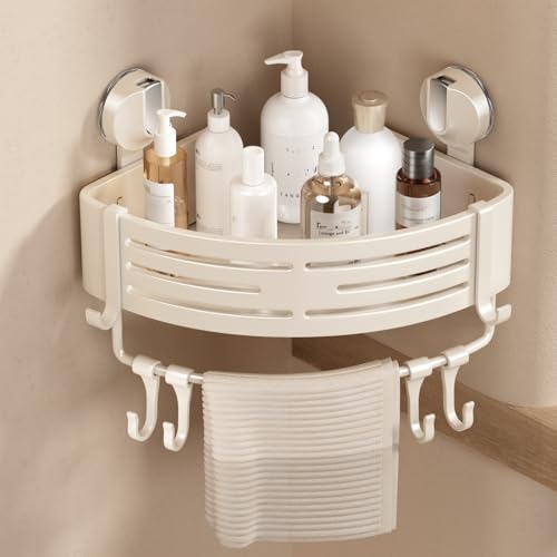 VOLPONE Corner Shower Caddy Suction Cup Shower Shelf Corner No Drilling Bathroom Shower Organizer Storage Rack Adhesive with Towel Bar Hooks(1-Pack, Ivory) - style: Suction cup triangle with towel bar hooks 1 Tier Ivory
