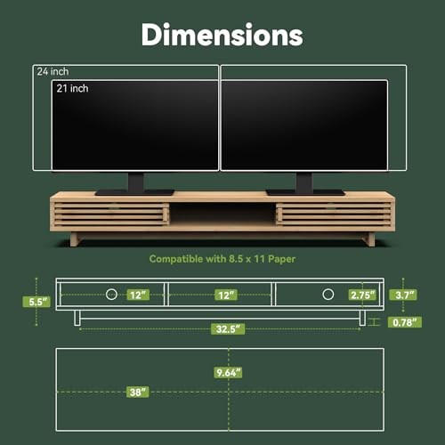 Dual Monitor Stand Riser with Sliding Door, Double Computer Laptop Stand Desk Shelf Organizer with Storage for 2 Monitors (Natural Bamboo, 38 Inch) - color: Natural Bamboo, size: 38 Inch