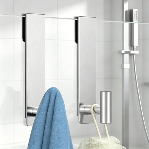 HUFEEOH Shower Towel Hooks, 7.5-Inch Extended Over Glass Shower Door Hanger for Towels & Robes, Rustproof Bathroom Towel Rack, 2-Pack (Silver, T Shape) - color: Silver, size: Fits 3/8" Thick Door - "T" Shape 2 Pack